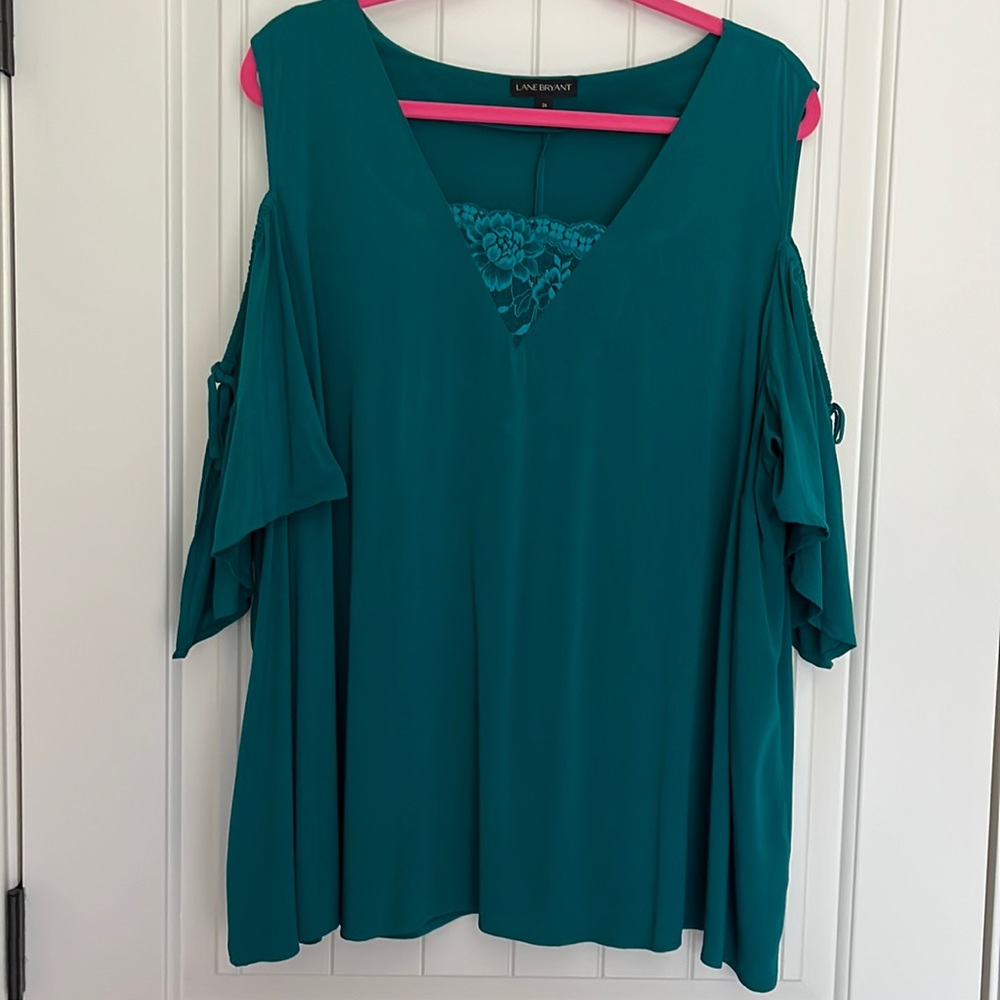 Teal Lane Bryant Flutter-Sleeve Cold-Shoulder Blouse